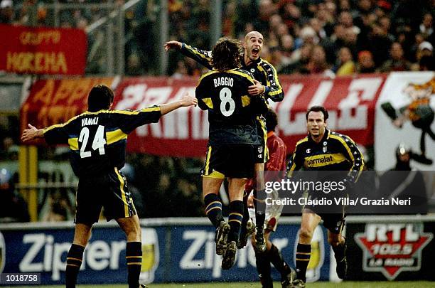 The Parma team celebrate Torrisi's goal during the Italian Serie A match against Roma played at the Stadio Tardini in Turin, Italy. Parma won the...