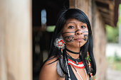 Indigenous Brazilian Young Woman, Portrait from Guarani Ethnicity