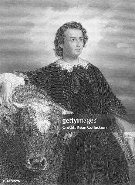 French artist Rosa Bonheur with a bull, symbolizing her work as a painter of animals, 1857. From the painting by Edouard-Louis Dubufe.