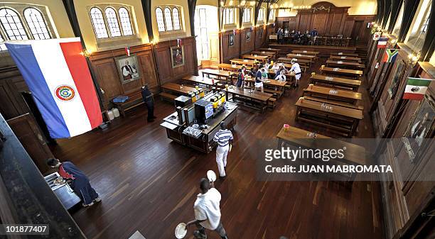 Paraguay's national flag hangs at the dining hall of Michaelhouse School in Balgowan on June 8 where Paraguayan squad trains during the FIFA 2010...
