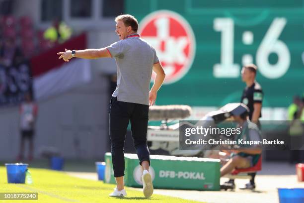 Head coach Julian Nagelsmann of Hoffenheim reacts during the first round DFB Cup match between 1. FC Kaiserslautern and TSG 1899 Hoffenheim at...