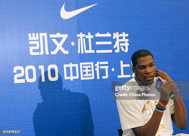 Kevin Durant of the Oklahoma City Thunder speaks during a press conference for the Shanghai leg of his China tour on June 6, 2010 in Shanghai, China.