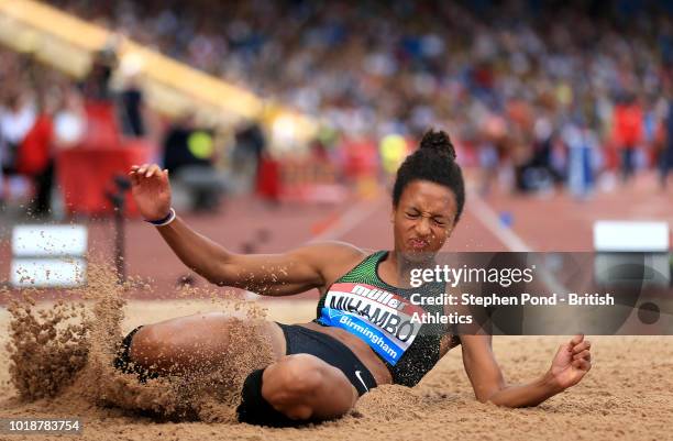 Malaika Mihambo of Germany competes in the Women's Long Jump during the Muller Grand Prix Birmingham IAAF Diamond League event at Alexander Stadium...