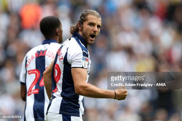 Jay Rodriguez of West Bromwich Albion celebrates after scoring a goal to make it 3-1 from the penalty spot during the Sky Bet Championship match...