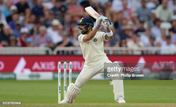 Virat Kohli of India hits out during the 3rd Specsavers Test Match between England and India at Trent Bridge on August 18, 2018 in Nottingham England.