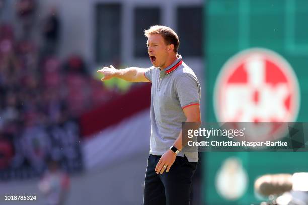Head coach Julian Nagelsmann of Hoffenheim reacts during the first round DFB Cup match between 1. FC Kaiserslautern and TSG 1899 Hoffenheim at...