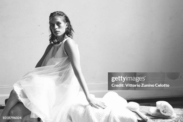 Model poses during rehearsal ahead of the Cathrine Hammel show during Oslo Runway SS19 at Bankplassen 4 on August 14, 2018 in Oslo, Norway.