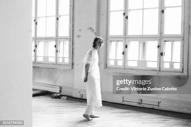 Model poses during rehearsal ahead of the Cathrine Hammel show during Oslo Runway SS19 at Bankplassen 4 on August 14, 2018 in Oslo, Norway.