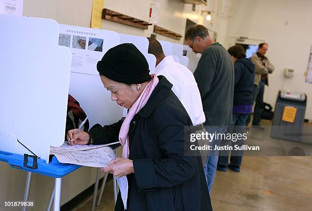 Voter fills out her ballot at a polling place at a fire station June 8, 2010 in Oakland, California. California voters are heading to the polls to...