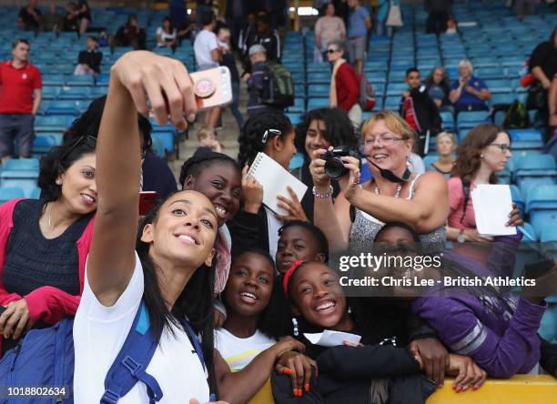 Katarina Johnson-Thompson of Great Britain takes photo's with the fans during the Muller Grand Prix Birmingham IAAF Diamond League 2018 on August 18,...