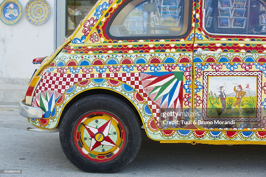 Italy, Sicily, Selinunte, painted Fiat 500