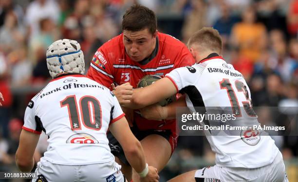 Gloucester's Henry Walker with Ulster's Michael Lowry and Stewart Moore during the pre-season friendly match at the Kingspan Stadium, Belfast.