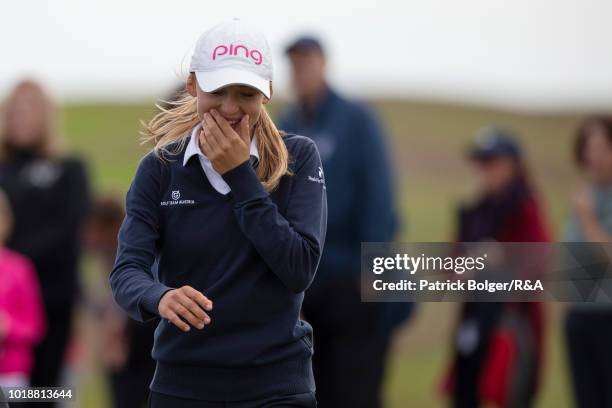 Emma Spitz from Austria celebrates after winning the Girls' British Open Amateur Championship at Ardglass Golf Club on August 18, 2018 in Ardglass,...