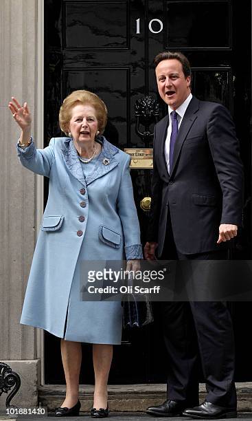 British Prime Minister David Cameron greets former Prime Minister Baroness Thatcher on the steps of Number 10 Downing Street on June 8, 2010 in...