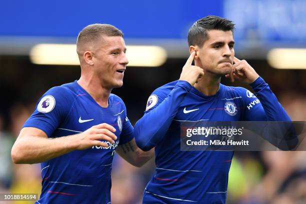 Alvaro Morata of Chelsea celebrates after scoring his team's second goal with team mate Ross Barkley during the Premier League match between Chelsea...