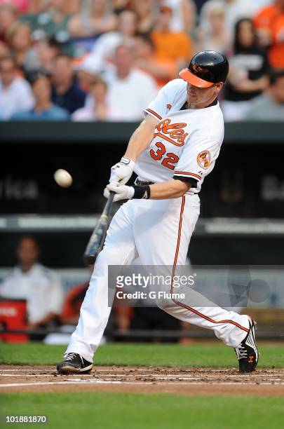Matt Wieters of the Baltimore Orioles bats against the Oakland Athletics at Camdem Yards on May 26, 2010 in Baltimore, Maryland.