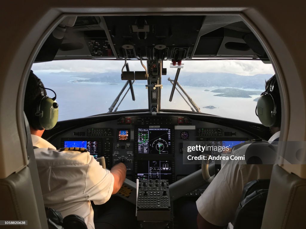 Pilot and co-pilot piloting aeroplane from airplane cockpit