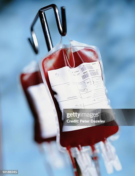 blood bags against blue background - blood bag stock-fotos und bilder