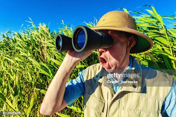 explorer on safari with huge binoculars - pioneer stock pictures, royalty-free photos & images