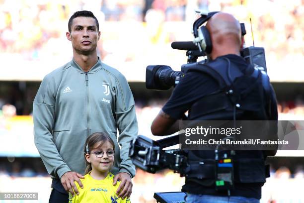 Cristiano Ronaldo of Juventus looks on ahead of the Serie A match between Chievo Verona and Juventus at Stadio Marc'Antonio Bentegodi on August 18,...