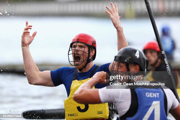 Roorda Tycho of Rijnland A celebrates scoring a goal during the GEKKO International Canoe Kayak Polo Tournament match between Gent and Rijnland A...