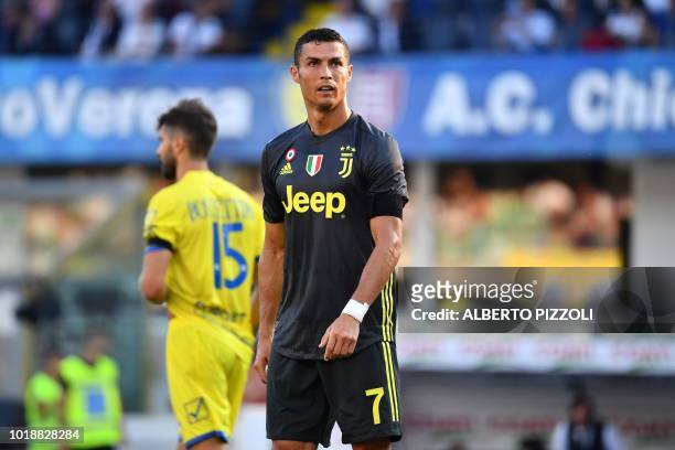 Juventus' Portuguese forward, Cristiano Ronaldo reacts during the Italian Serie A football match AC Chievo vs Juventus at the Marcantonio-Bentegodi...