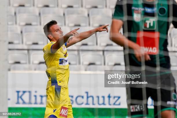 Daniel Schuetz of St.Poelten celebrates after scoring during the tipico Bundesliga match between FC Wacker Innsbruck v SKN St. Poelten at Tivoli...