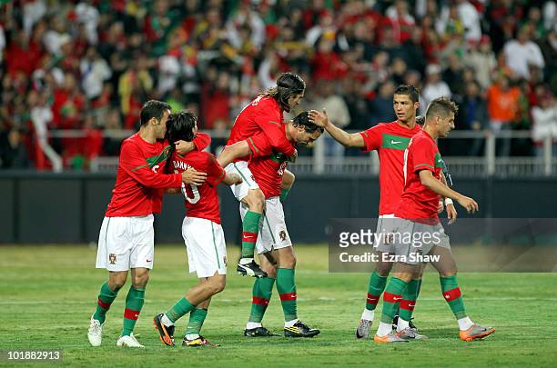 Portugal players celebrate after Hugo Almeida scored a goal during their friendly match against Mozambique at Wanderers Stadium on June 8, 2010 in...