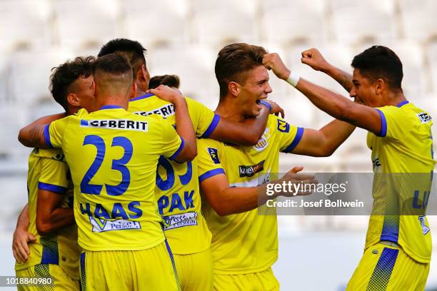 Players celebrates after scoring during the tipico Bundesliga match between FC Wacker Innsbruck v SKN St. Poelten at Tivoli Stadion Tirol on August...