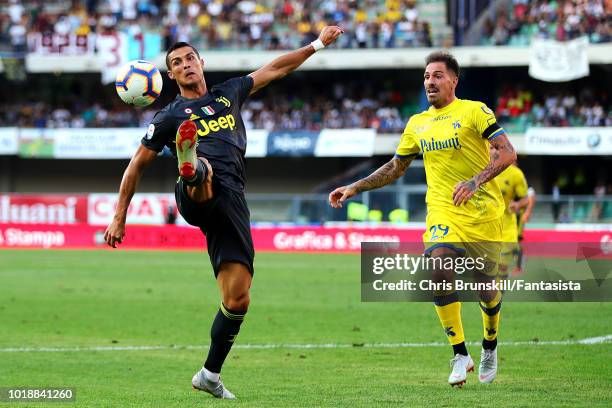 Cristiano Ronaldo of Juventus in action during the Serie A match between Chievo Verona and Juventus at Stadio Marc'Antonio Bentegodi on August 18,...