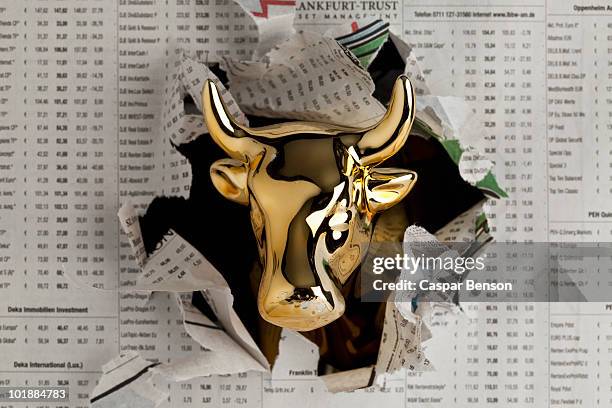 detail of a golden bull breaking through the finance section of a newspaper - bull stock pictures, royalty-free photos & images