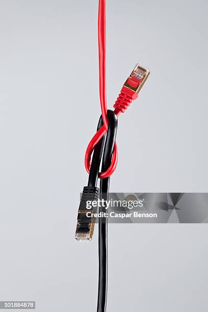 two network cables tied in a knot - ethernet cable knot stock pictures, royalty-free photos & images