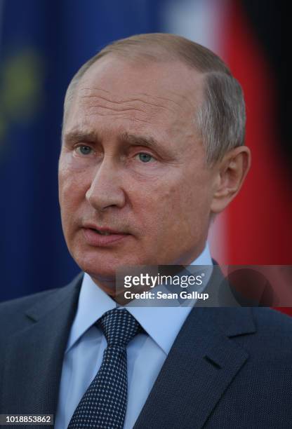 Russian President Vladimir Putin and German Chancellor Angela Merkel give statements to the media prior to talks at Schloss Meseberg palace, the...