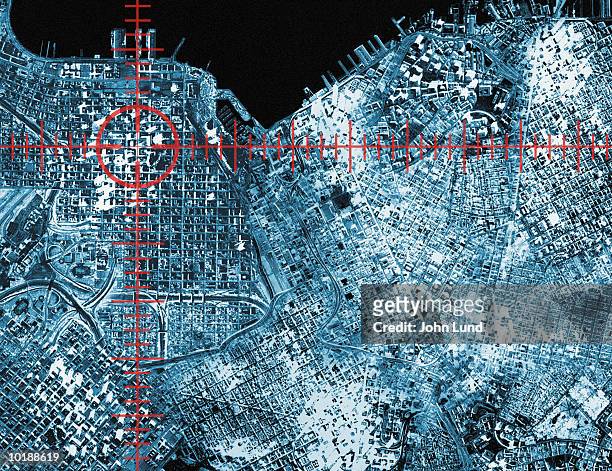 target and aerial view of urban area (digital composite) - surveillance imagens e fotografias de stock