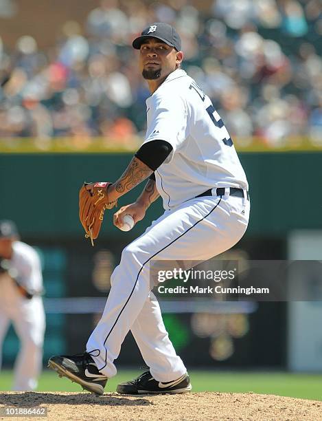 Joel Zumaya of the Detroit Tigers pitches against the Oakland Athletics during the game at Comerica Park on May 30, 2010 in Detroit, Michigan. The...