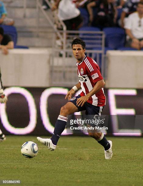 Marcelo Saragosa of Chivas USA plays the ball against the New York Red Bulls during their game at Red Bull Arena on June 5, 2010 in Harrison, New...