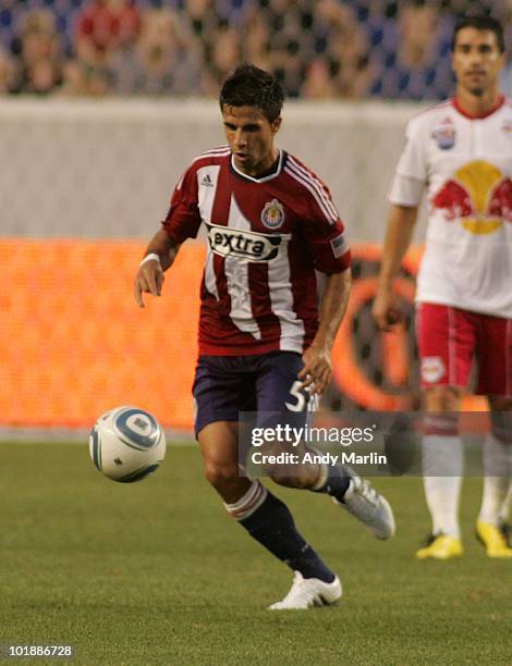 Marcelo Saragosa of Chivas USA plays the ball against the New York Red Bulls during their game at Red Bull Arena on June 5, 2010 in Harrison, New...