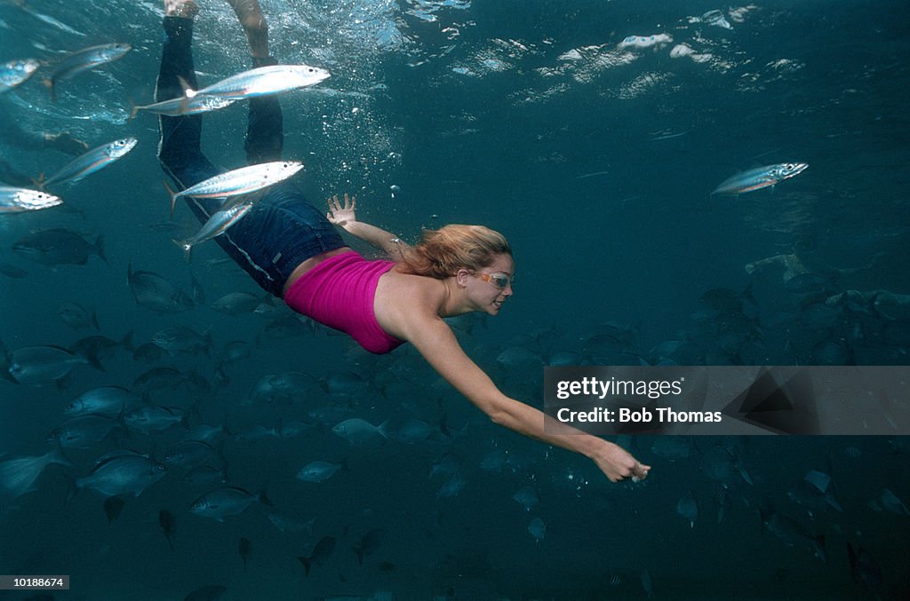 Woman swimming underwater amongst fish