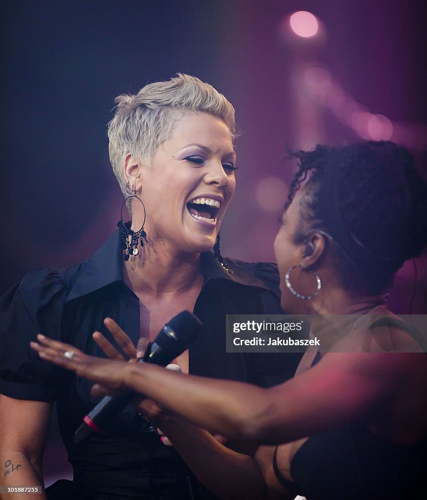 US-American singer Pink performs live during a concert at the... News ...