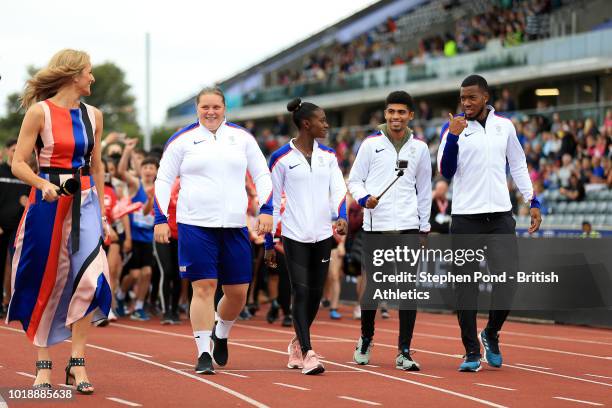 European Championship winning athletes from Great Britain parade during the Muller Grand Prix Birmingham IAAF Diamond League event at Alexander...