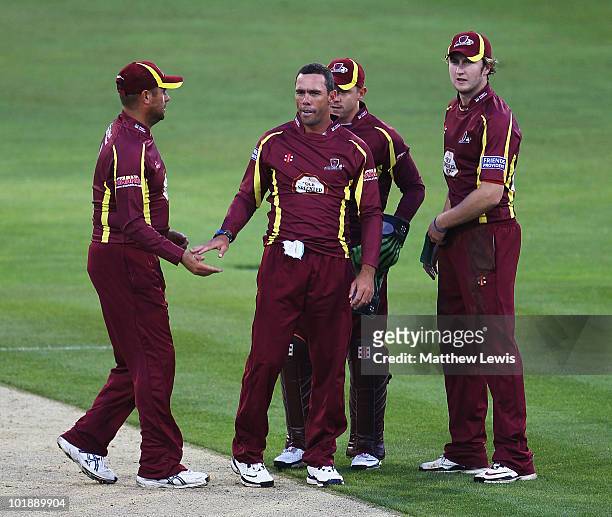 Nicky Boje of Northamptonsire is congratulated by team mates, after Brad Hodge of Leicestershire was stumped by Niall O'Brien of Northamptonshire...