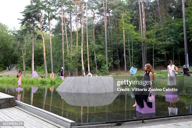 Models pose at the Cala Jade show during Oslo Runway SS19 at Vannspeilet on August 14, 2018 in Oslo, Norway.