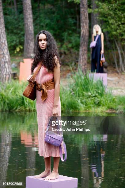 Models pose at the Cala Jade show during Oslo Runway SS19 at Vannspeilet on August 14, 2018 in Oslo, Norway.