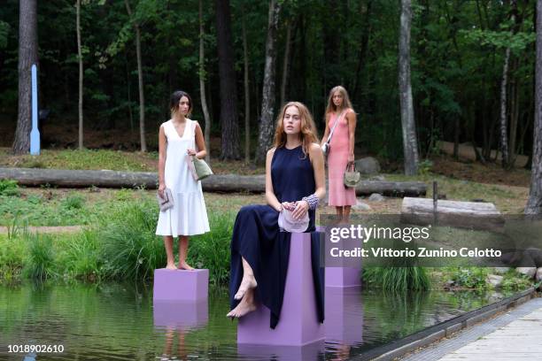 Models pose at the Cala Jade show during Oslo Runway SS19 at Vannspeilet on August 14, 2018 in Oslo, Norway.