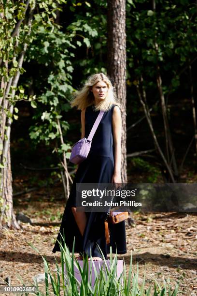 Model poses at the Cala Jade show during Oslo Runway SS19 at Vannspeilet on August 14, 2018 in Oslo, Norway.