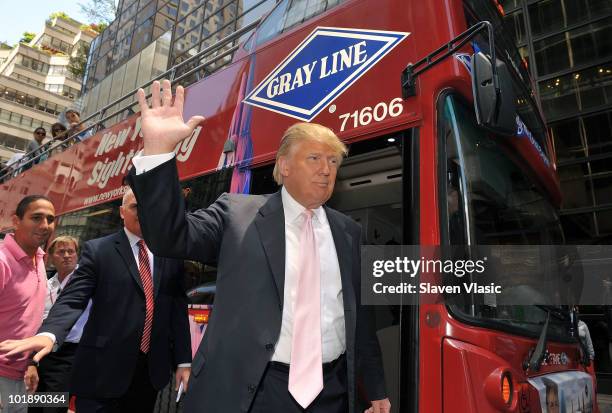 Estate mogul Donald Trump attends Donald Trump's Gray Line New York's Ride of Fame campaign dedication at front of Trump Tower on June 8, 2010 in New...