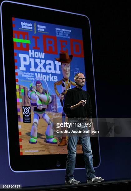 Apple CEO Steve Jobs speaks in front of a display featuring Wired Magazine on an iPad as he delivered the opening keynote address at the 2010 Apple...