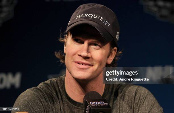 Chris Pronger of the Philadelphia Flyers speaks to the press during media availability for the 2010 NHL Stanley Cup Final at Wachovia Center on June...