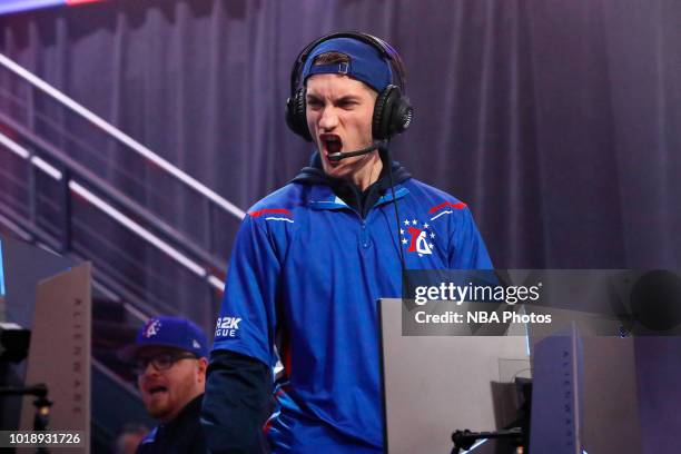 Of the 76ers Gaming Club reacts during the game against the Heat Check Gaming during the Semifinals of the NBA 2K League Playoffs on August 18, 2018...