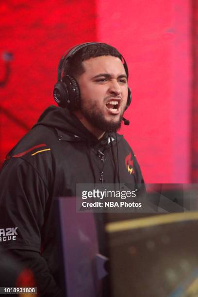 Hotshot of the Heat Check Gaming reacts during the game against the 76ers Gaming Club during the Semifinals of the NBA 2K League Playoffs on August...